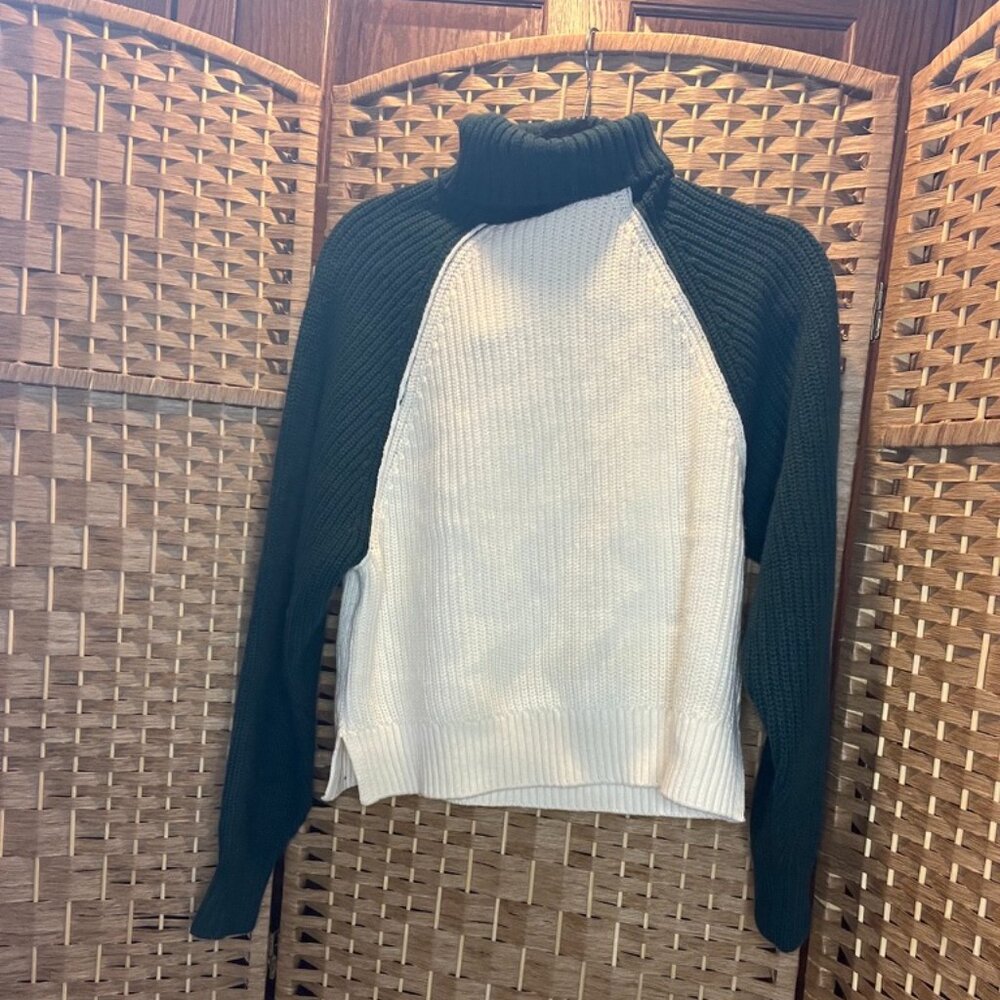 PINK | Dark Green & Cream | Color Block Turtleneck Sweater